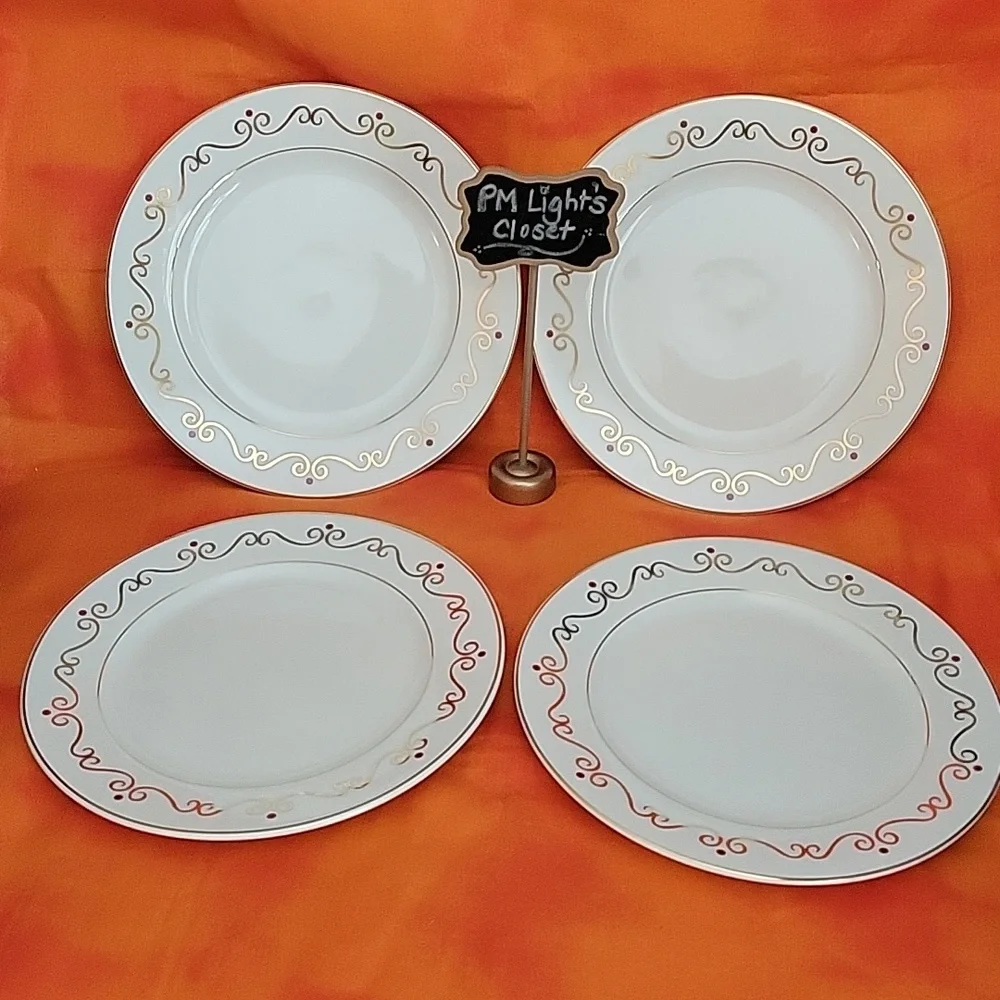 Pier 1 Set of 4 Holiday Scroll Salad Plates Gold Rimmed Ivory Red Dot